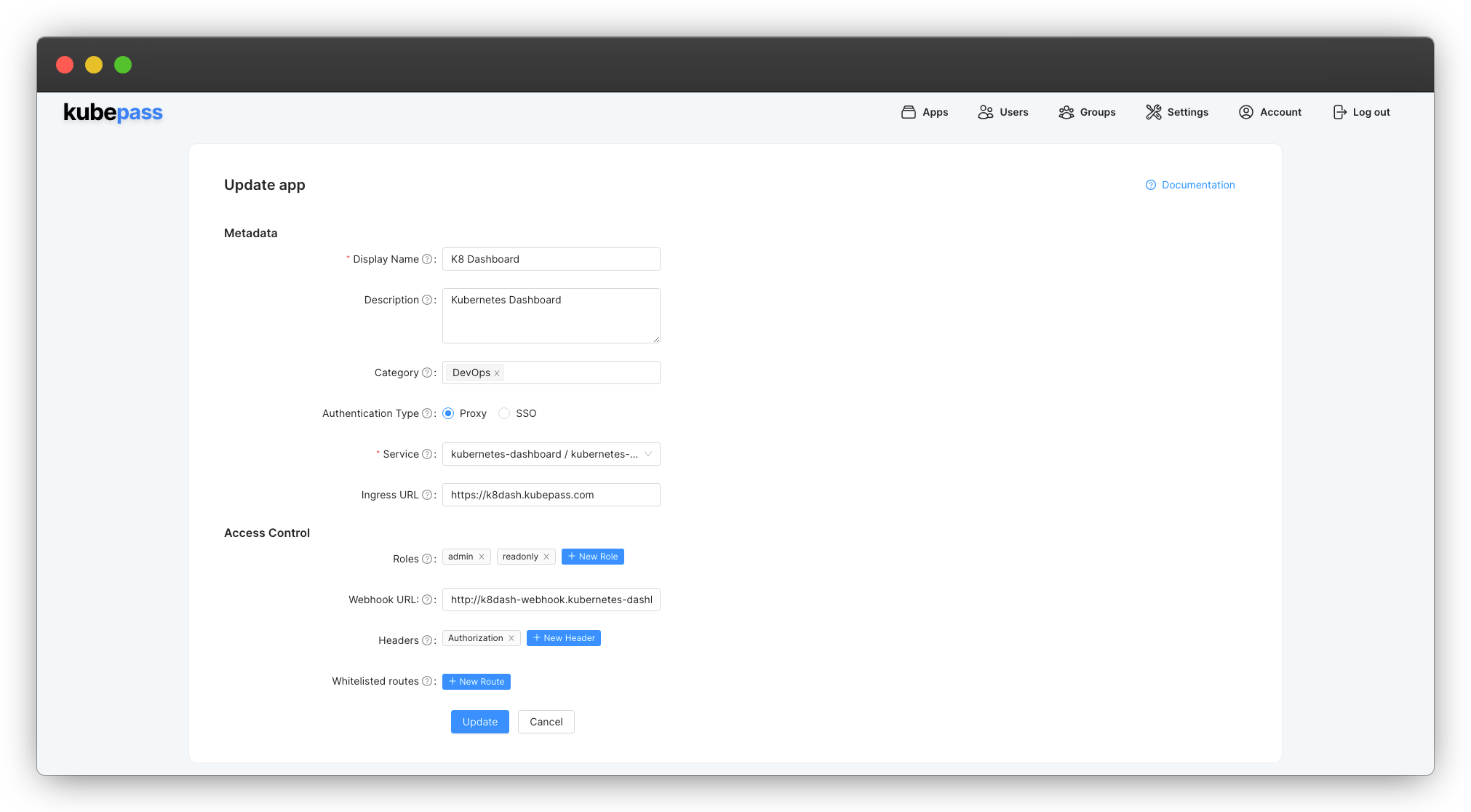 Kubernetes Dashboard with Webhook